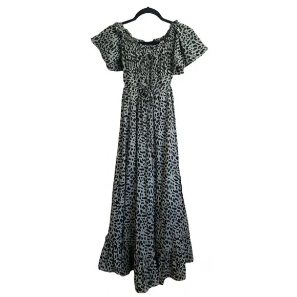 Petal & Pup Remy Dress Emerald Size 8 Animal Print Off The Shoulder Ruffle Midi - Picture 5 of 15